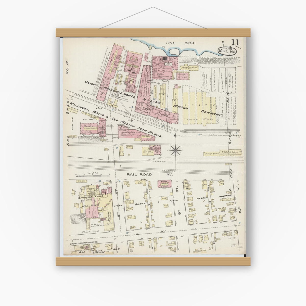 Old map wall art mockup — magnetic wood frame on white wall — Sanborn Fire Insurance Map from Moline, Rock Island County, Illinois (1886), Sheet #0011