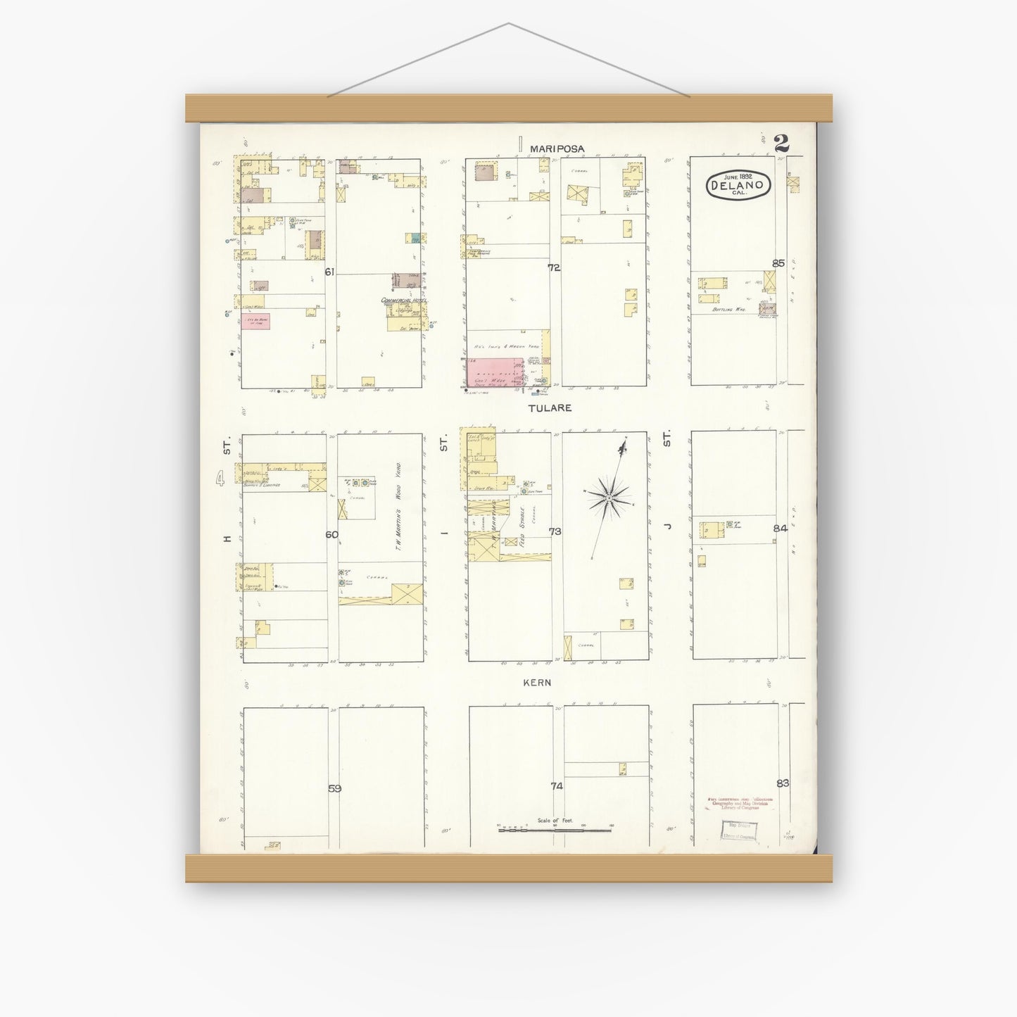 Old map wall art mockup — magnetic wood frame on white wall — Sanborn Fire Insurance Map from Delano, Kern County, California (1892), Sheet #0002