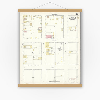 Old map wall art mockup — magnetic wood frame on white wall — Sanborn Fire Insurance Map from Delano, Kern County, California (1892), Sheet #0002