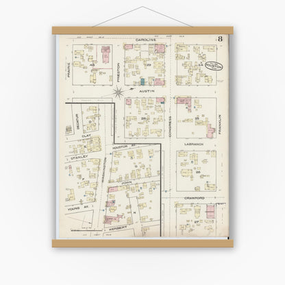 Old map wall art mockup — magnetic wood frame on white wall — Sanborn Fire Insurance Map from Houston, Harris County, Texas (1885), Sheet #0008