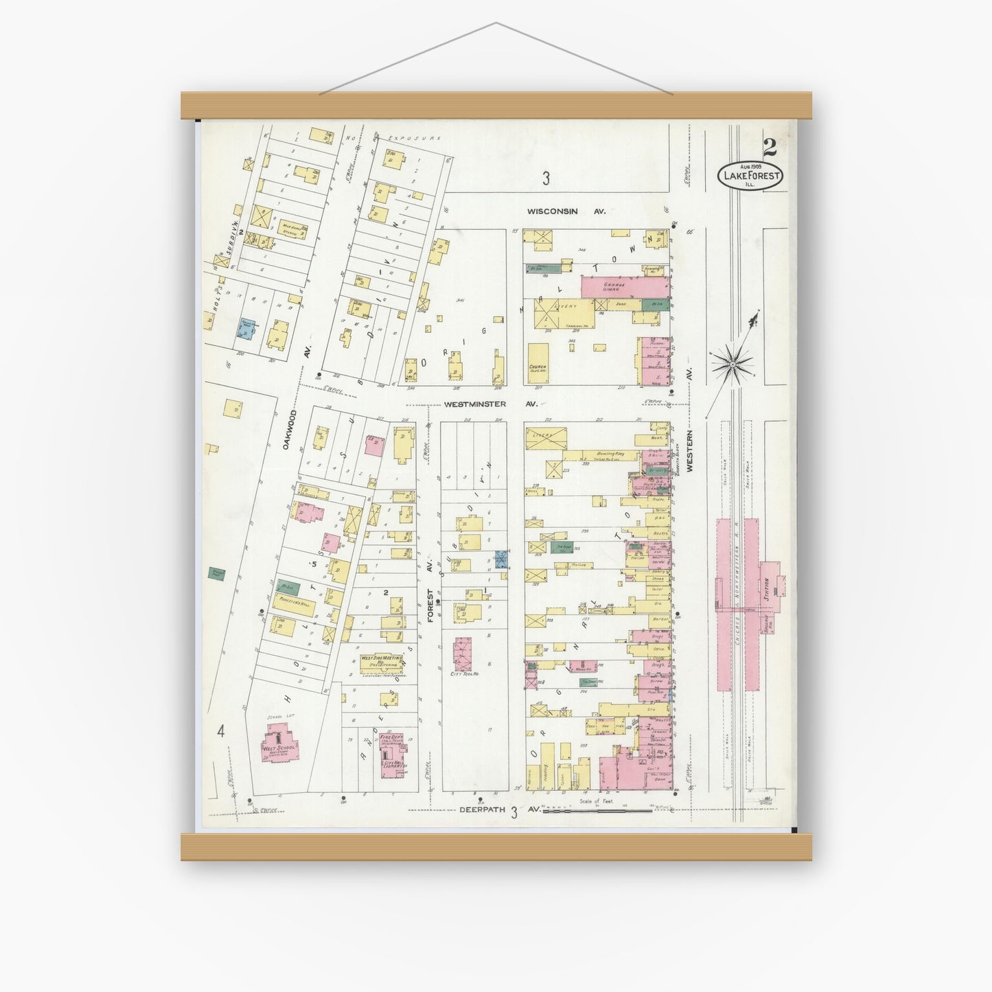 Old map wall art mockup — magnetic wood frame on white wall — Sanborn Fire Insurance Map from Lake Forest, Lake County, Illinois (1909), Sheet #0002