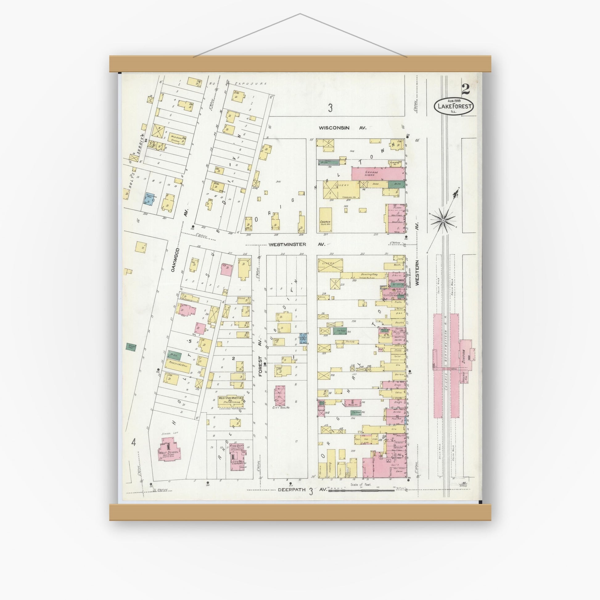 Old map wall art mockup — magnetic wood frame on white wall — Sanborn Fire Insurance Map from Lake Forest, Lake County, Illinois (1909), Sheet #0002
