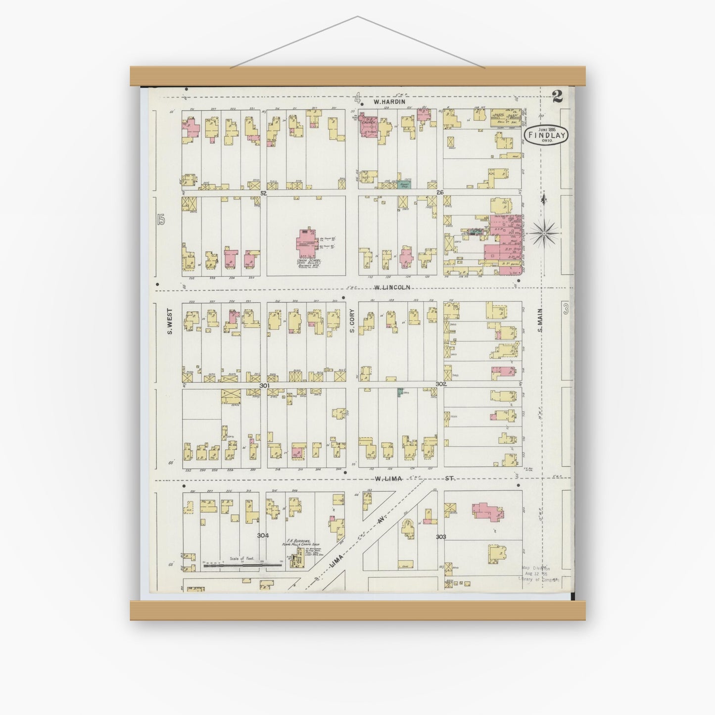 Old map wall art mockup — magnetic wood frame on white wall — Sanborn Fire Insurance Map from Findlay, Hancock County, Ohio (1895), Sheet #0002