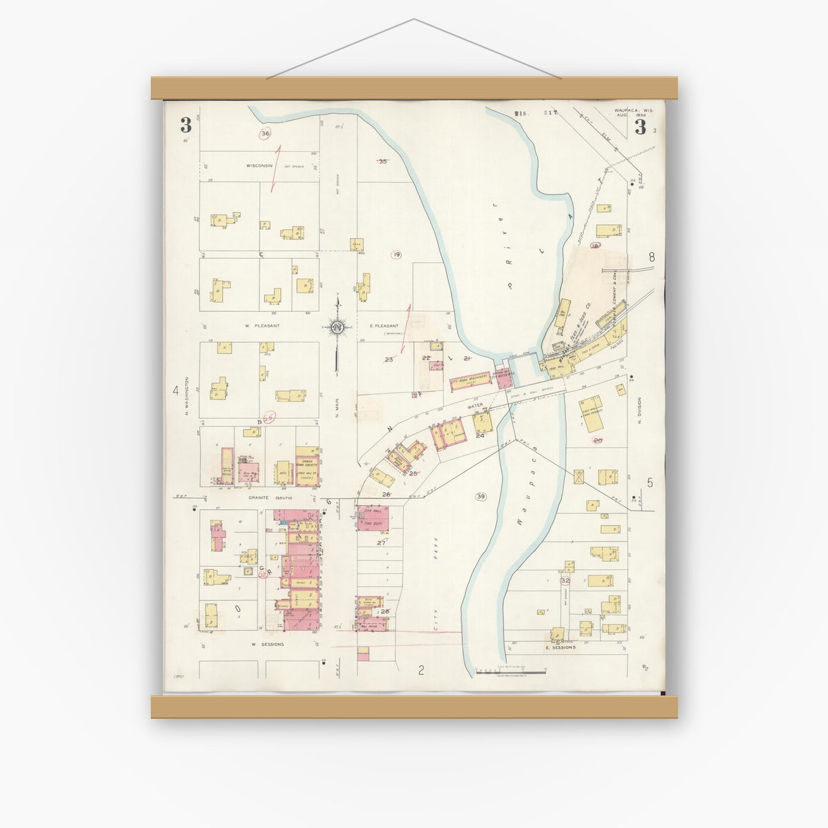 Old map wall art mockup — magnetic wood frame on white wall — Sanborn Fire Insurance Map from Waupaca, Waupaca County, Wisconsin (1941), Sheet #0003