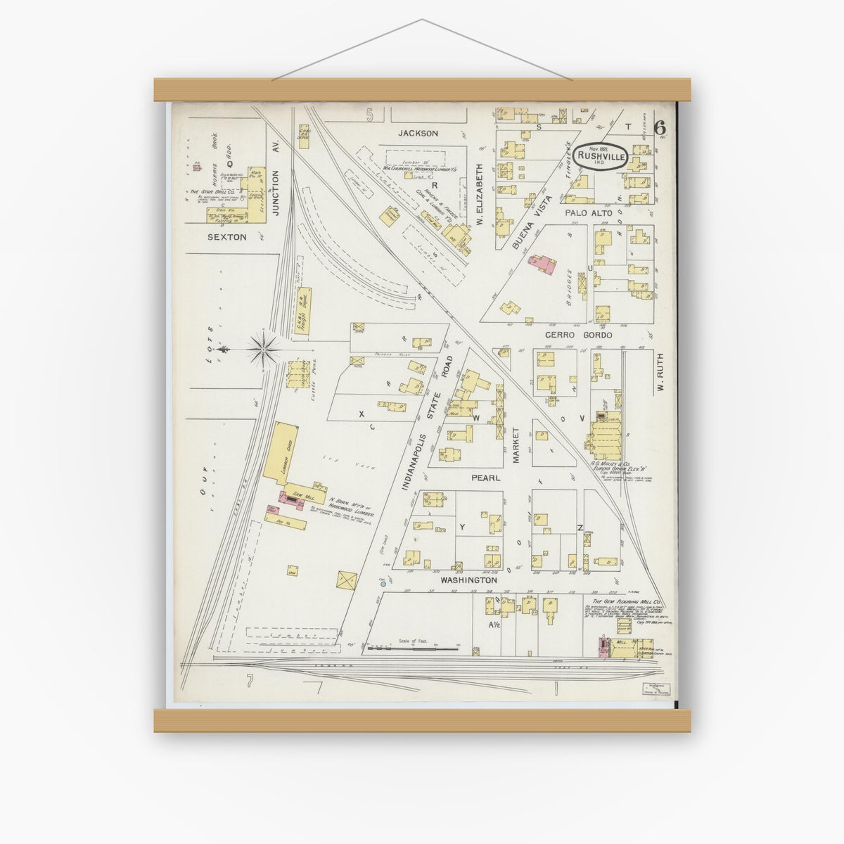 Old map wall art mockup — magnetic wood frame on white wall — Sanborn Fire Insurance Map from Rushville, Rush County, Indiana (1892), Sheet #0006
