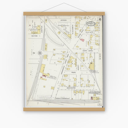 Old map wall art mockup — magnetic wood frame on white wall — Sanborn Fire Insurance Map from Rushville, Rush County, Indiana (1892), Sheet #0006