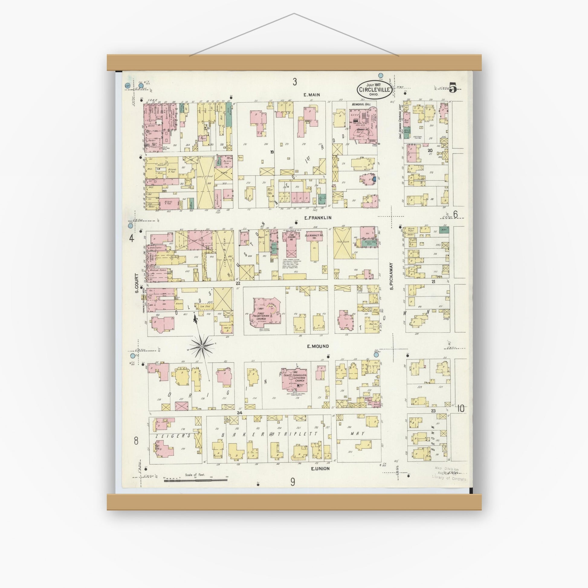 Old map wall art mockup — magnetic wood frame on white wall — Sanborn Fire Insurance Map from Circleville, Pickaway County, Ohio (1907), Sheet #0005