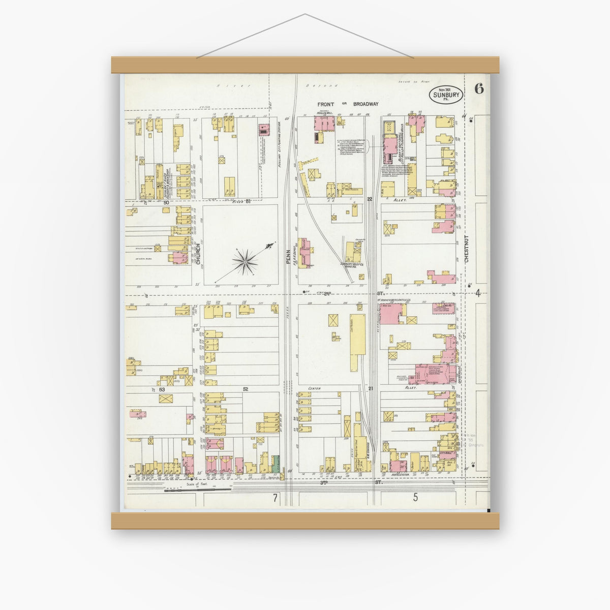 Old map wall art mockup — magnetic wood frame on white wall — Sanborn Fire Insurance Map from Sunbury, Northumberland County, Pennsylvania (1901), Sheet #0006