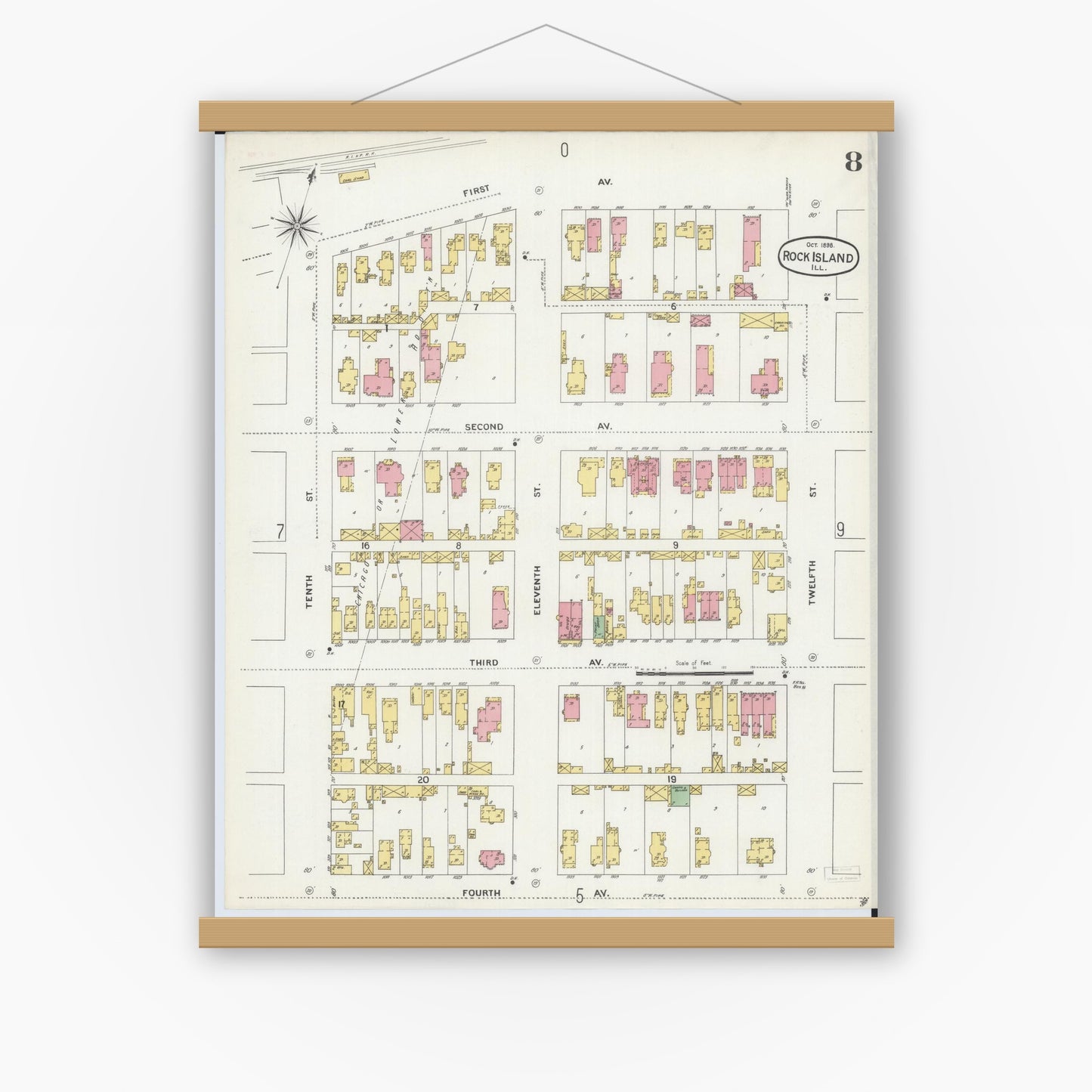 Old map wall art mockup — magnetic wood frame on white wall — Sanborn Fire Insurance Map from Rock Island, Rock Island County, Illinois (1898), Sheet #0008