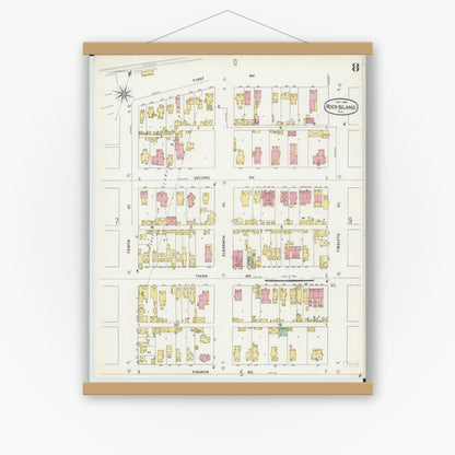 Old map wall art mockup — magnetic wood frame on white wall — Sanborn Fire Insurance Map from Rock Island, Rock Island County, Illinois (1898), Sheet #0008