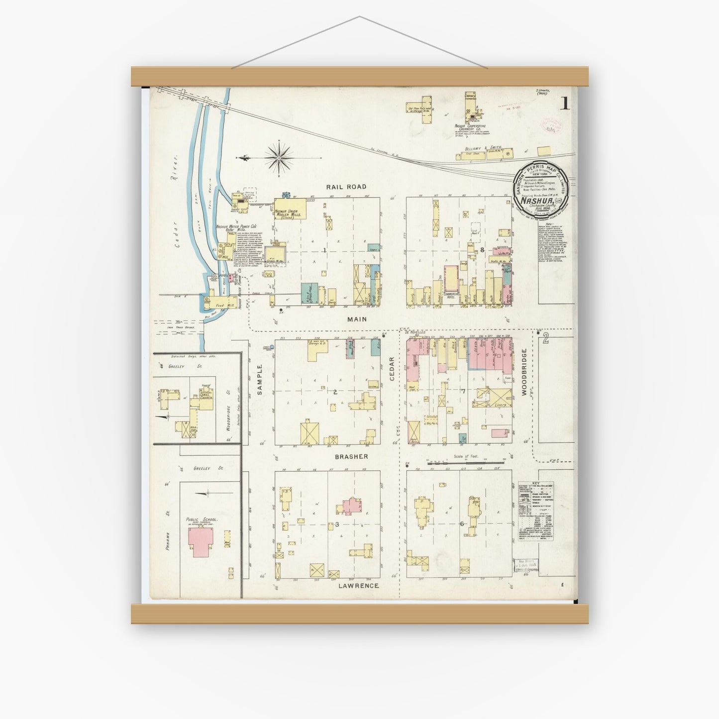 Old map wall art mockup — magnetic wood frame on white wall — Sanborn Fire Insurance Map from Nashua, Chickasaw County, Iowa (1894) â€” Complete Set