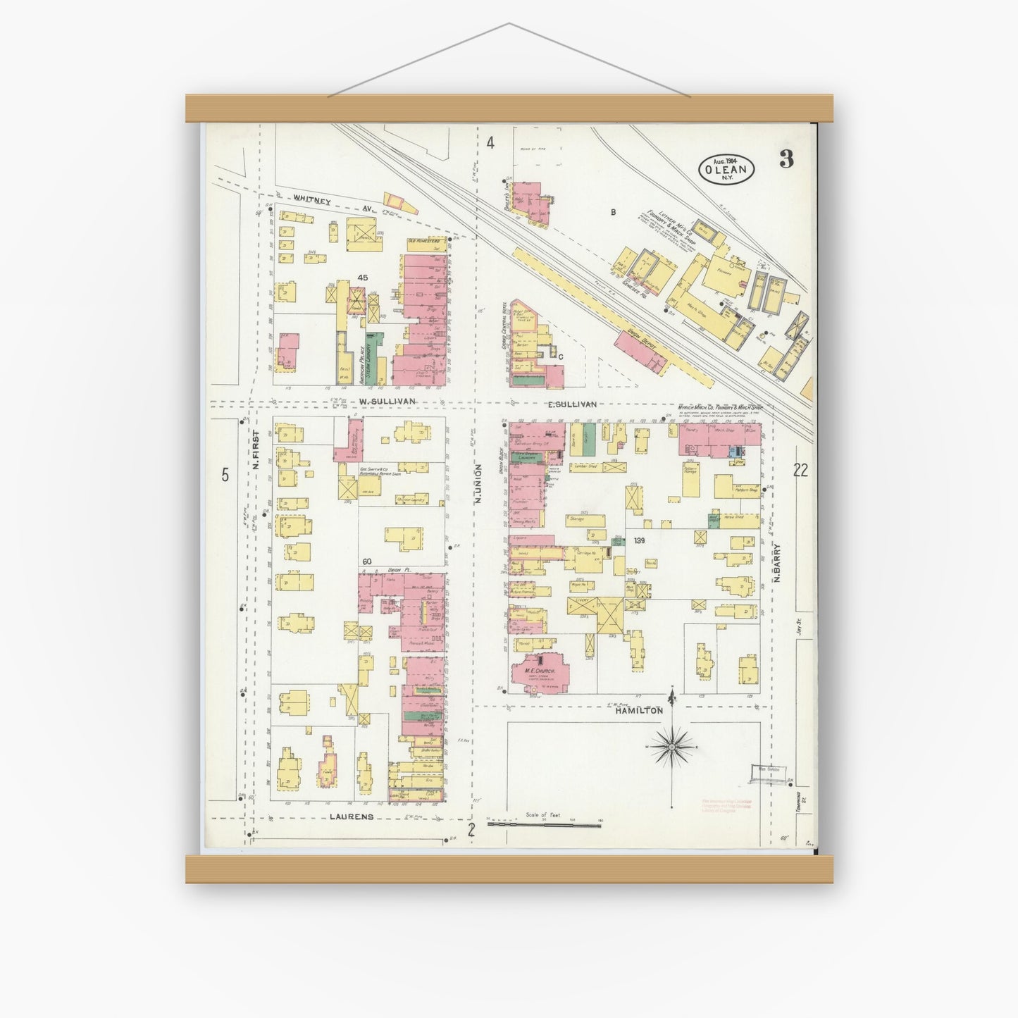 Old map wall art mockup — magnetic wood frame on white wall — Sanborn Fire Insurance Map from Olean, Cattaraugus County, New York (1904), Sheet #0003