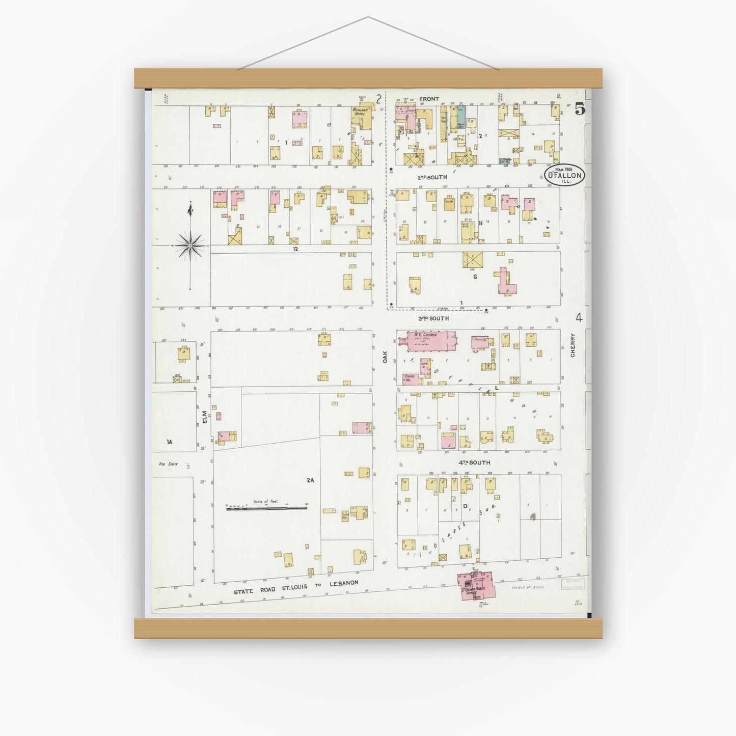 Old map wall art mockup — magnetic wood frame on white wall — Sanborn Fire Insurance Map from O'Fallon, Saint Clair County, Illinois (1906), Sheet #0005
