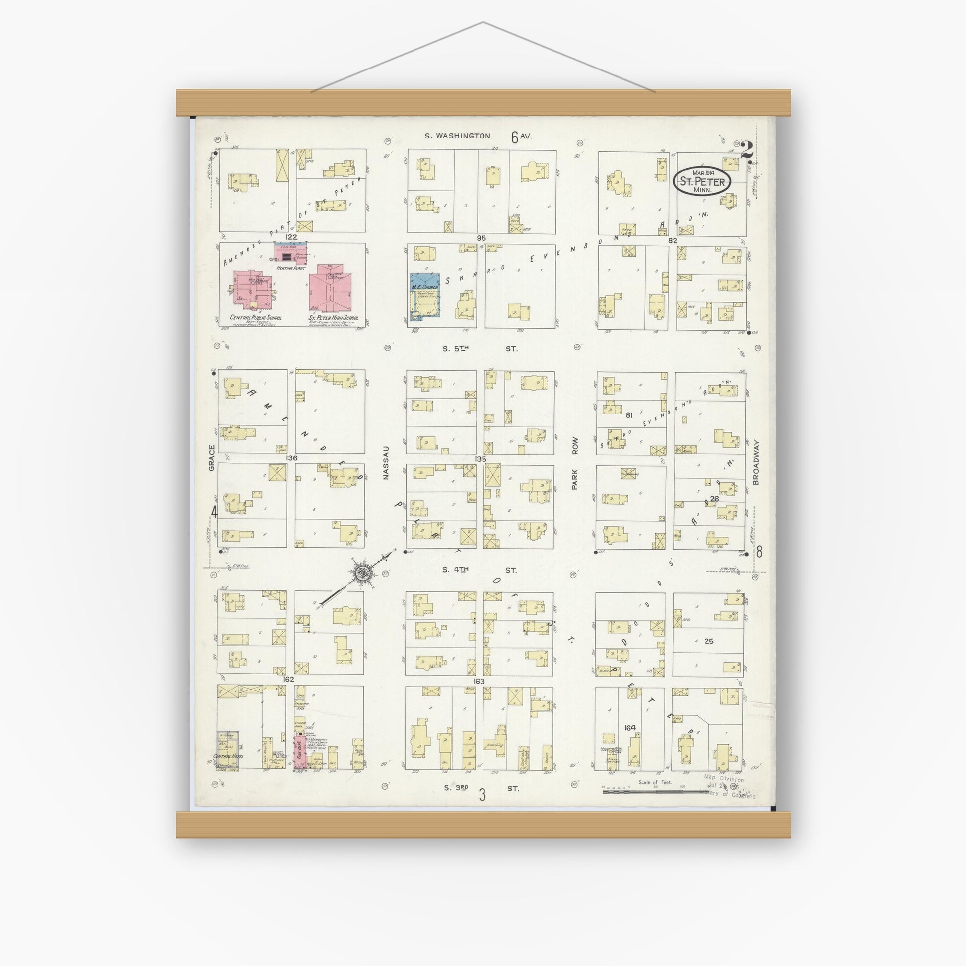 Old map wall art mockup — magnetic wood frame on white wall — Sanborn Fire Insurance Map from Saint Peter, Nicollet County, Minnesota (1914), Sheet #0002