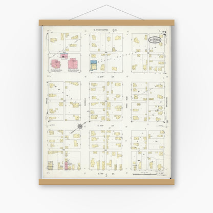 Old map wall art mockup — magnetic wood frame on white wall — Sanborn Fire Insurance Map from Saint Peter, Nicollet County, Minnesota (1914), Sheet #0002