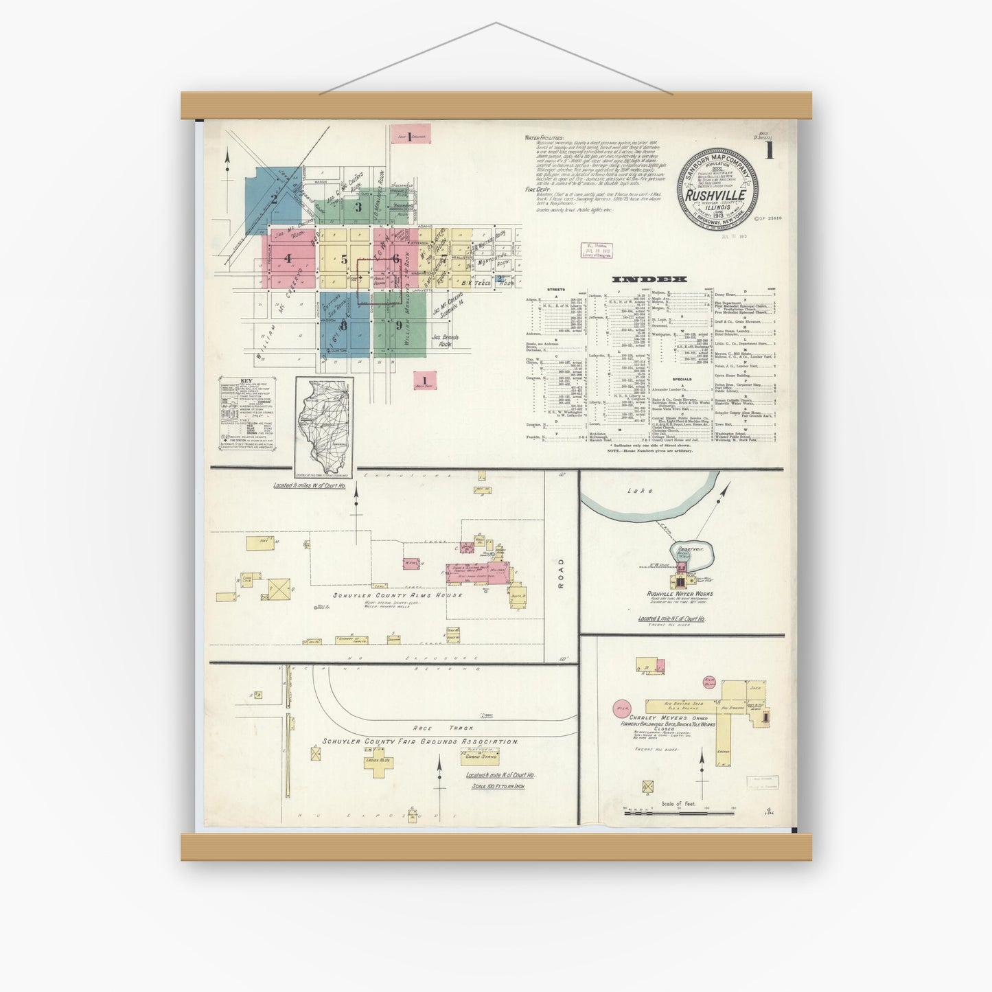 Old map wall art mockup — magnetic wood frame on white wall — Sanborn Fire Insurance Map from Rushville, Schuyler County, Illinois (1913), Sheet #0001