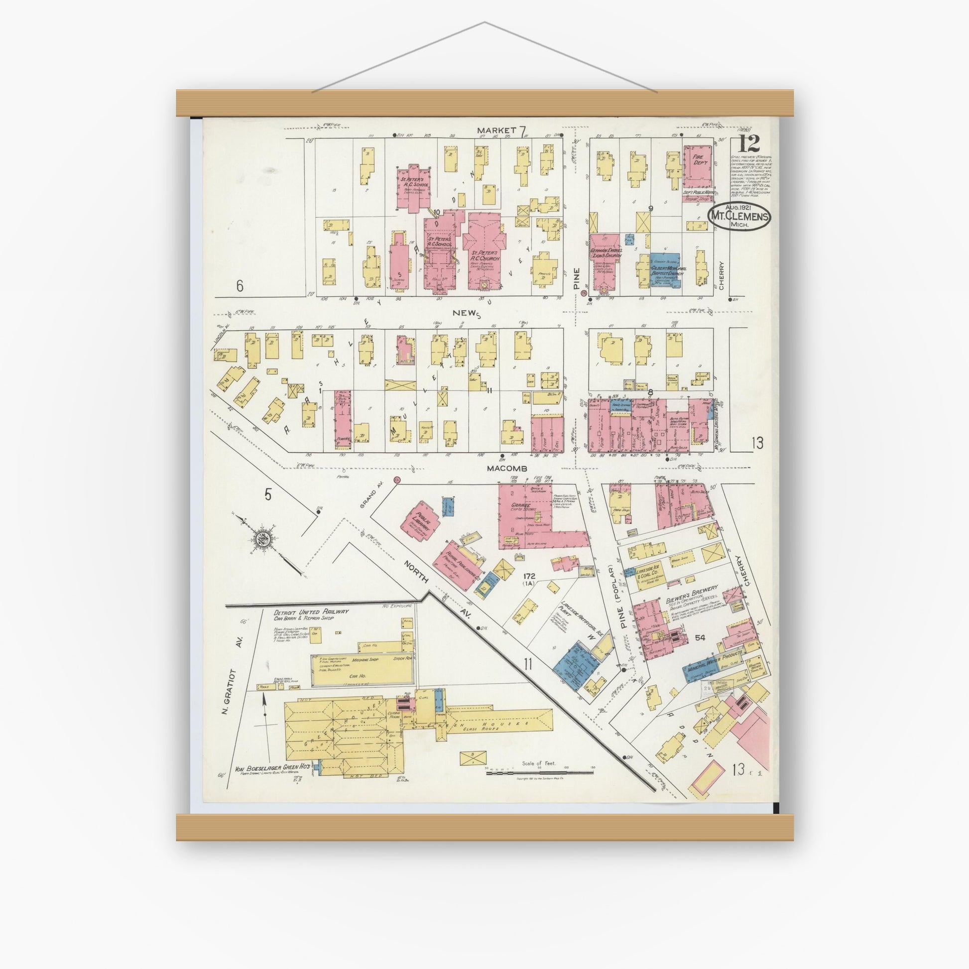 Old map wall art mockup — magnetic wood frame on white wall — Sanborn Fire Insurance Map from Mount Clemens, Macomb County, Michigan (1921), Sheet #0012