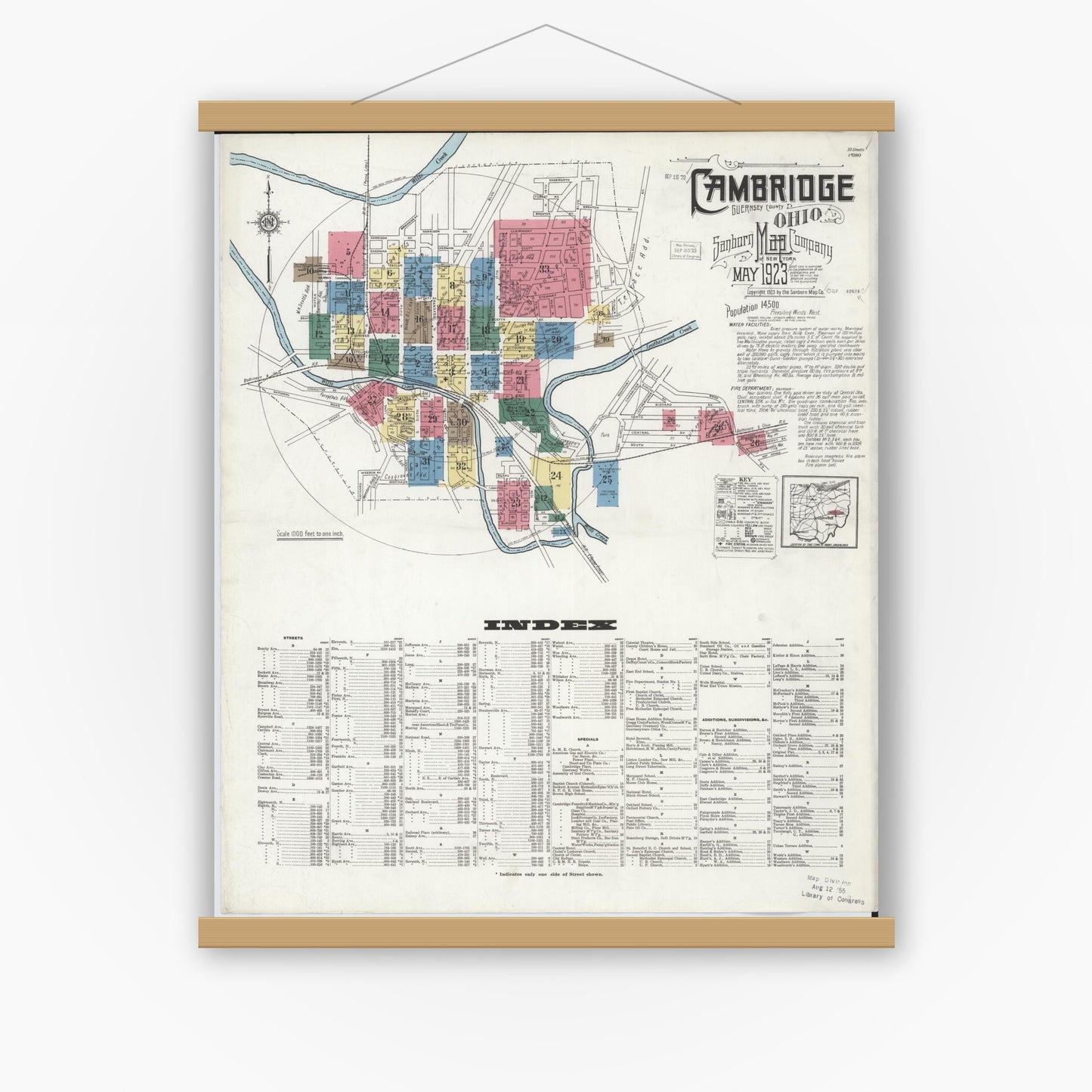 Old map wall art mockup — magnetic wood frame on white wall — Sanborn Fire Insurance Map from Cambridge, Guernsey County, Ohio (1923), Sheet #0001