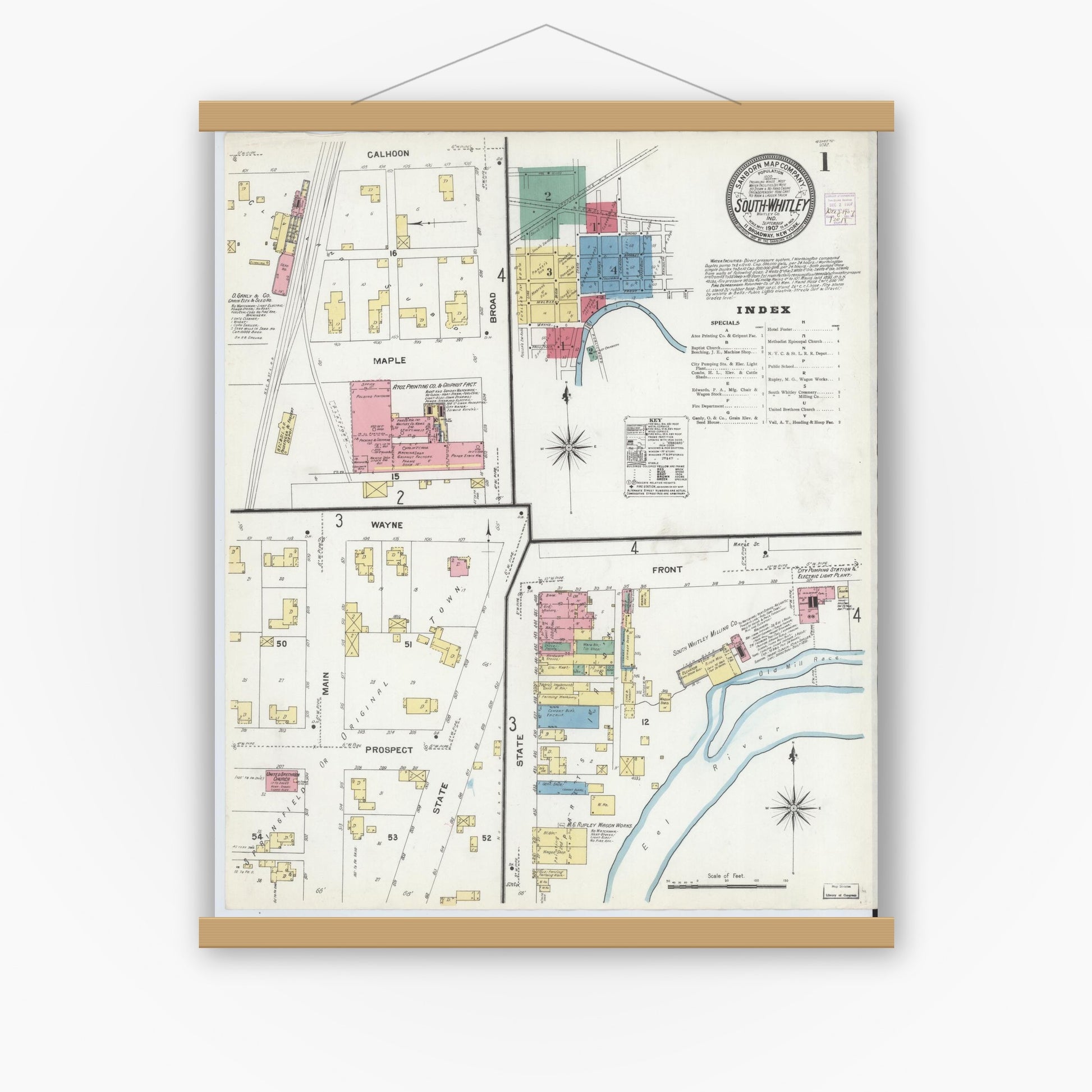 Old map wall art mockup — magnetic wood frame on white wall — Sanborn Fire Insurance Map from South Whitley, Whitley County, Indiana (1907), Sheet #0001