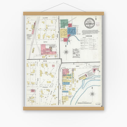 Old map wall art mockup — magnetic wood frame on white wall — Sanborn Fire Insurance Map from South Whitley, Whitley County, Indiana (1907), Sheet #0001