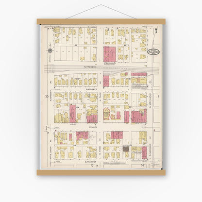 Old map wall art mockup — magnetic wood frame on white wall — Sanborn Fire Insurance Map from Alliance, Stark County, Ohio (1921), Sheet #0007