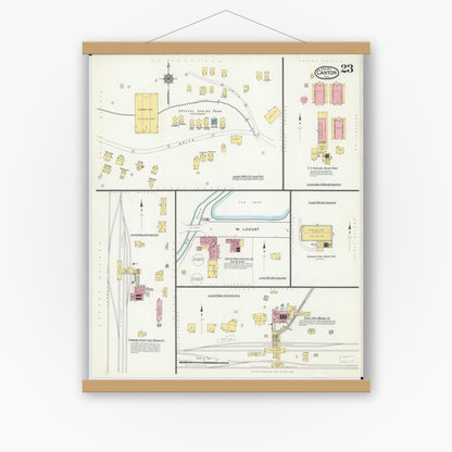 Old map wall art mockup — magnetic wood frame on white wall — Sanborn Fire Insurance Map from Canton, Fulton County, Illinois (1917), Sheet #0023