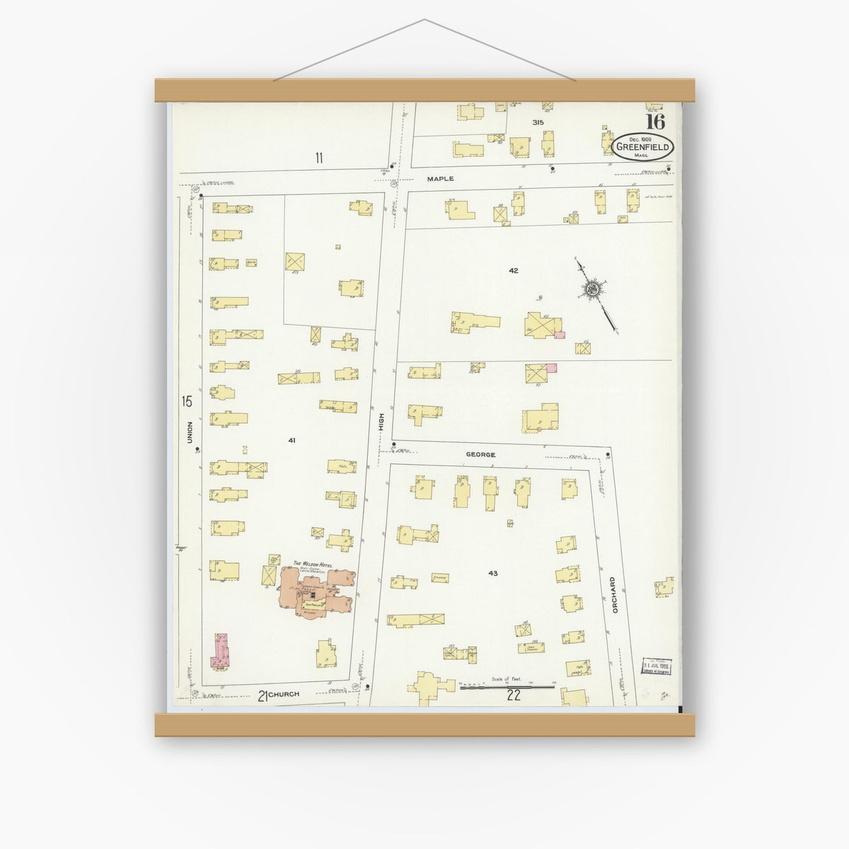 Old map wall art mockup — magnetic wood frame on white wall — Sanborn Fire Insurance Map from Greenfield, Franklin County, Massachusetts (1909), Sheet #0016
