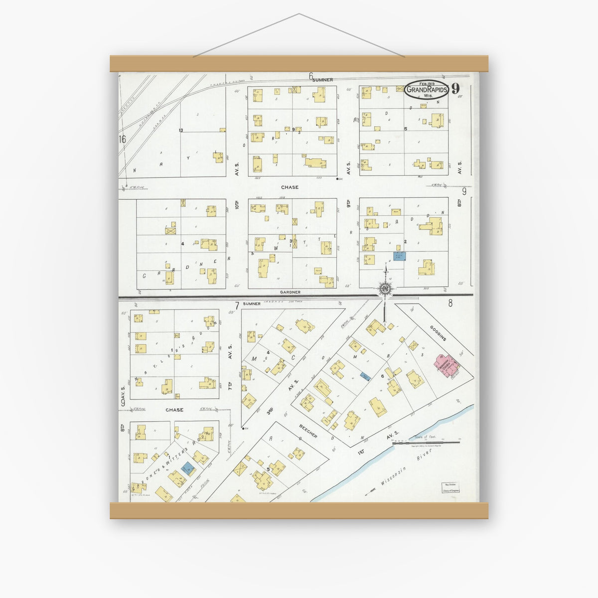 Old map wall art mockup — magnetic wood frame on white wall — Sanborn Fire Insurance Map from Grand Rapids, Wood County, Wisconsin (1919), Sheet #0009
