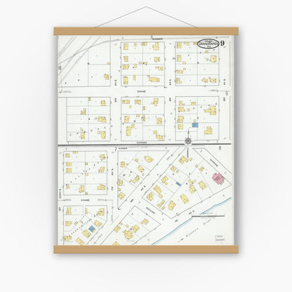Old map wall art mockup — magnetic wood frame on white wall — Sanborn Fire Insurance Map from Grand Rapids, Wood County, Wisconsin (1919), Sheet #0009