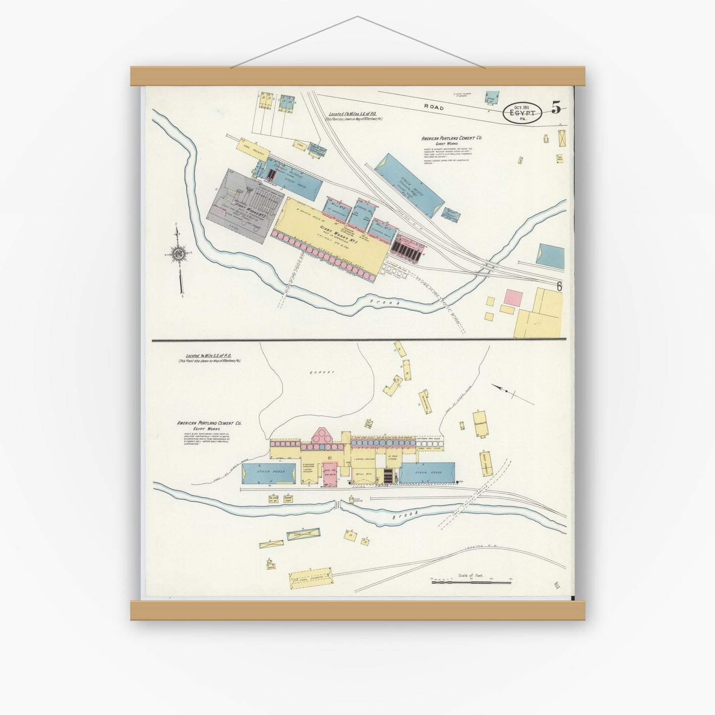 Old map wall art mockup — magnetic wood frame on white wall — Sanborn Fire Insurance Map from Egypt, Lehigh County, Pennsylvania (1911), Sheet #0005