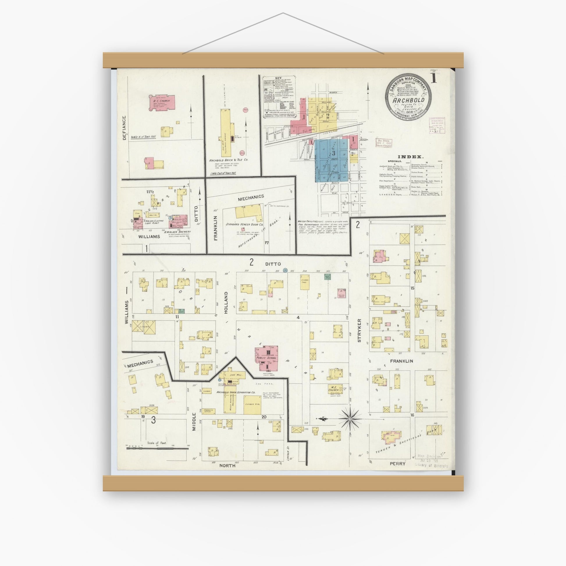 Old map wall art mockup — magnetic wood frame on white wall — Sanborn Fire Insurance Map from Archbold, Fulton County, Ohio (1908), Sheet #0001