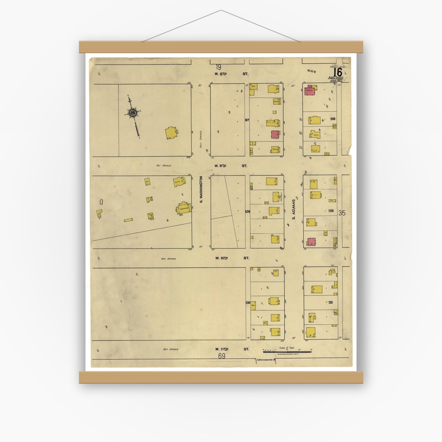 Old map wall art mockup — magnetic wood frame on white wall — Sanborn Fire Insurance Map from Amarillo, Potter County, Texas (1922), Sheet #0001