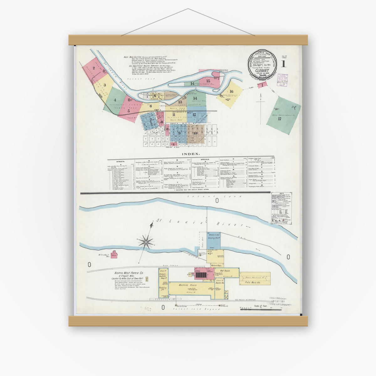 Old map wall art mockup — magnetic wood frame on white wall — Sanborn Fire Insurance Map from Cloquet, Carlton County, Minnesota (1901) - Complete Map Set