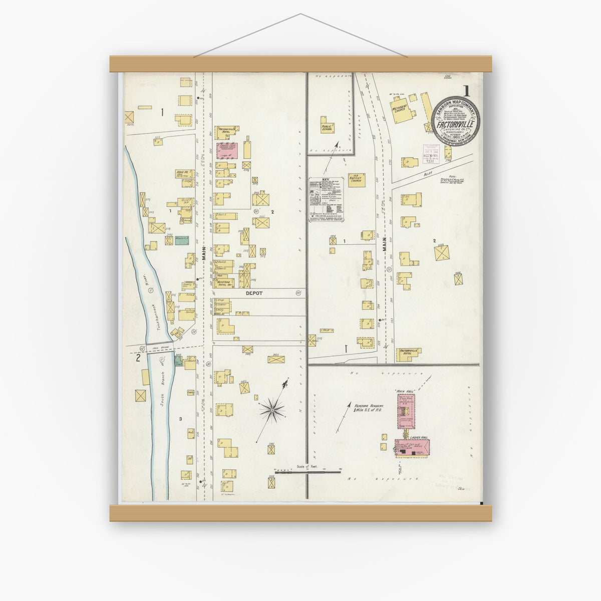 Old map wall art mockup — magnetic wood frame on white wall — Sanborn Fire Insurance Map from Factoryville, Wyoming County, Pennsylvania (1903), Sheet #0001