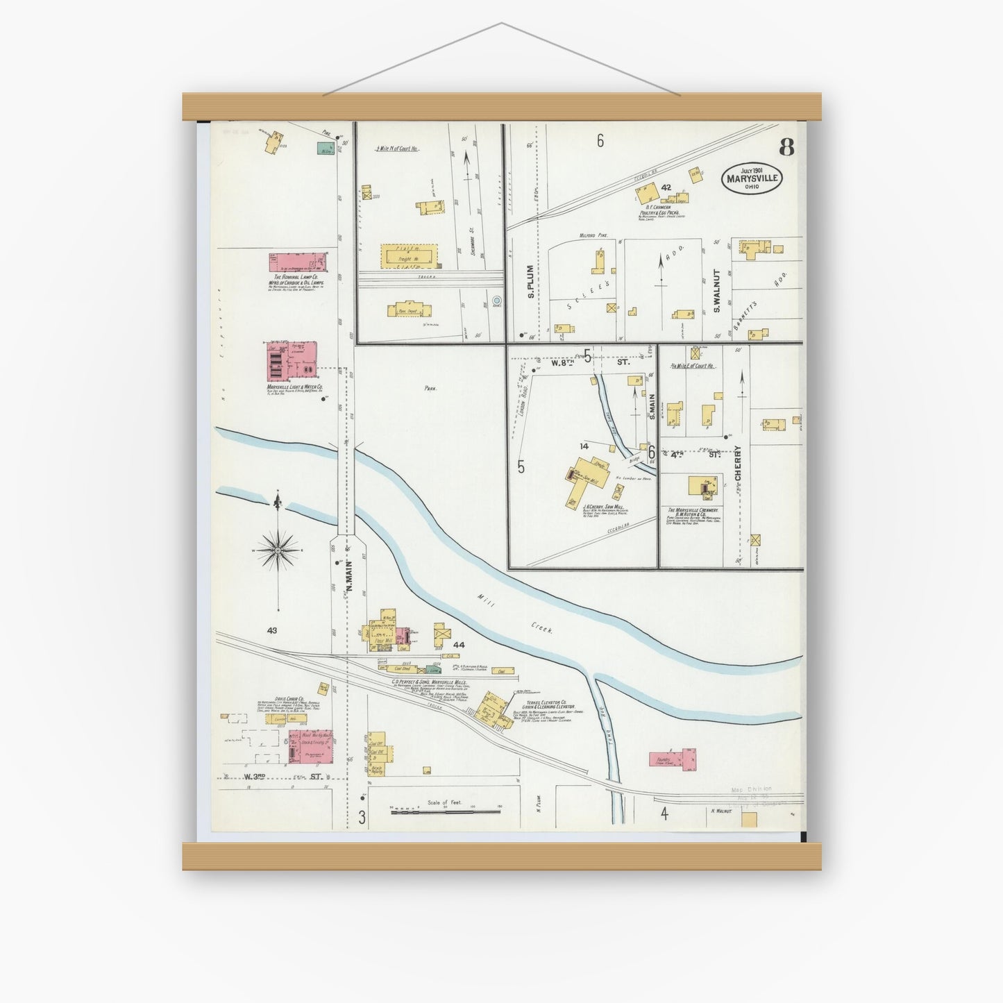 Old map wall art mockup — magnetic wood frame on white wall — Sanborn Fire Insurance Map from Marysville, Union County, Ohio (1901), Sheet #0008