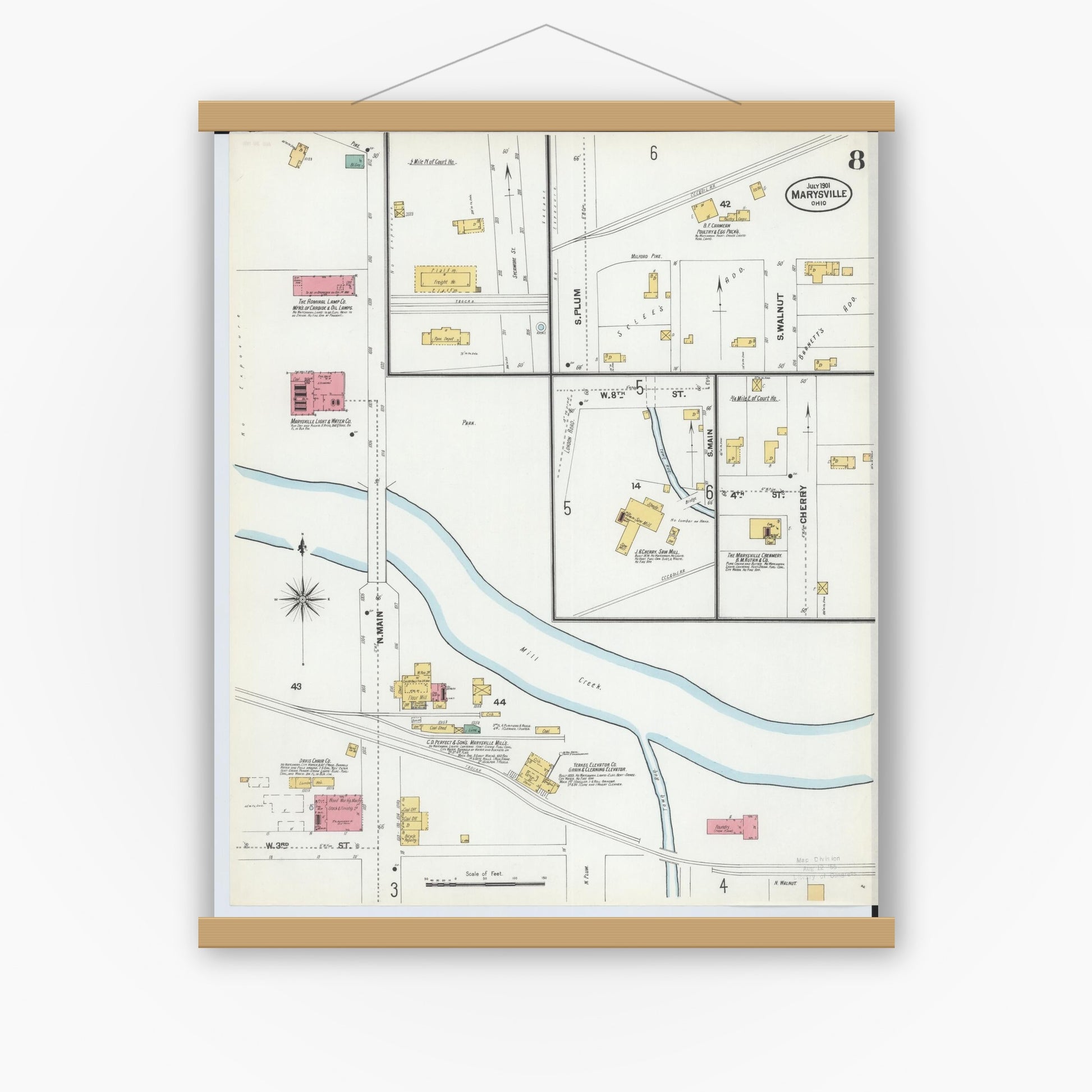 Old map wall art mockup — magnetic wood frame on white wall — Sanborn Fire Insurance Map from Marysville, Union County, Ohio (1901), Sheet #0008