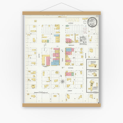 Old map wall art mockup — magnetic wood frame on white wall — Sanborn Fire Insurance Map from De Leon, Comanche County, Texas (1900), Sheet #0001