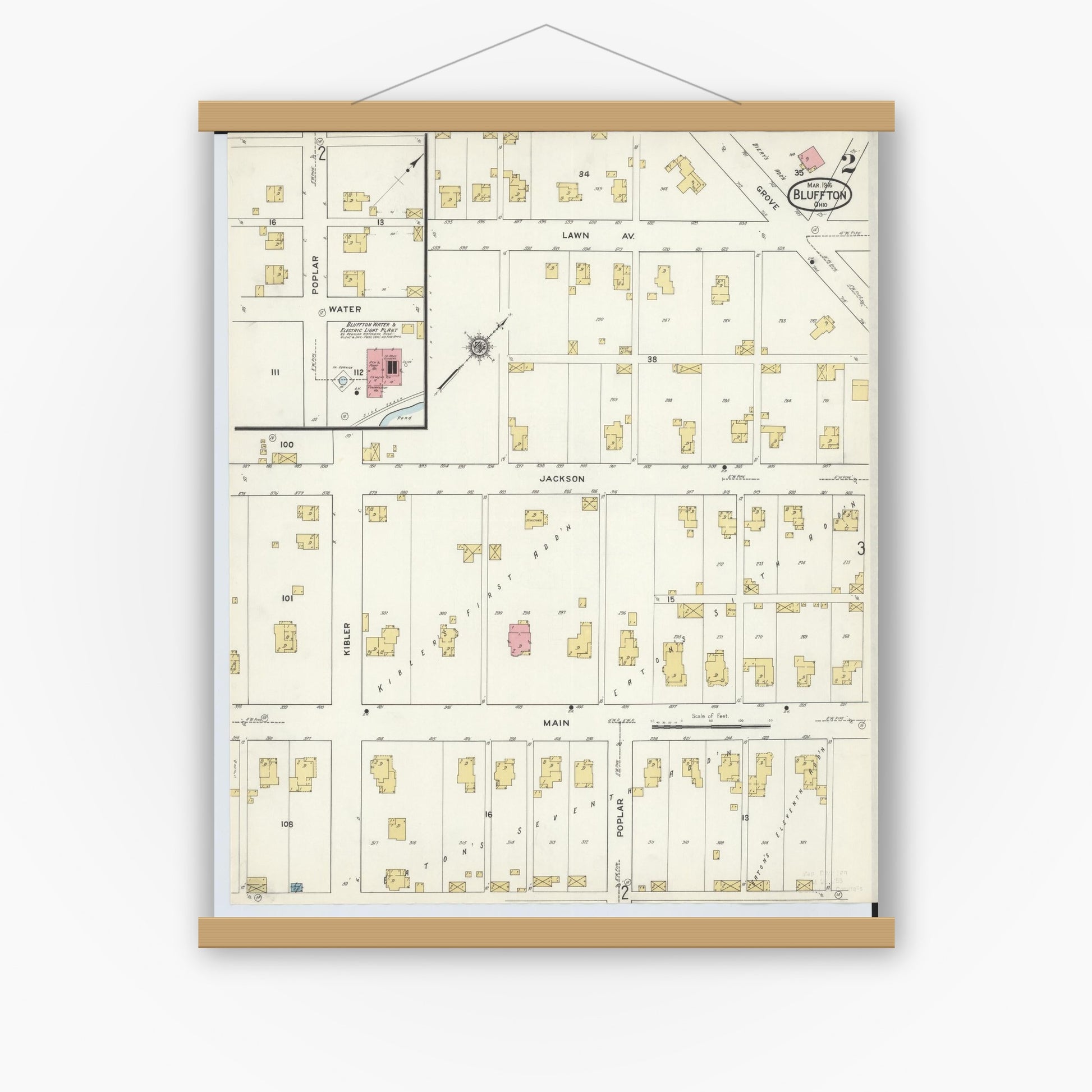 Old map wall art mockup — magnetic wood frame on white wall — Sanborn Fire Insurance Map from Bluffton, Allen County, Ohio (1916), Sheet #0002