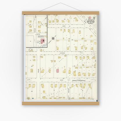 Old map wall art mockup — magnetic wood frame on white wall — Sanborn Fire Insurance Map from Bluffton, Allen County, Ohio (1916), Sheet #0002