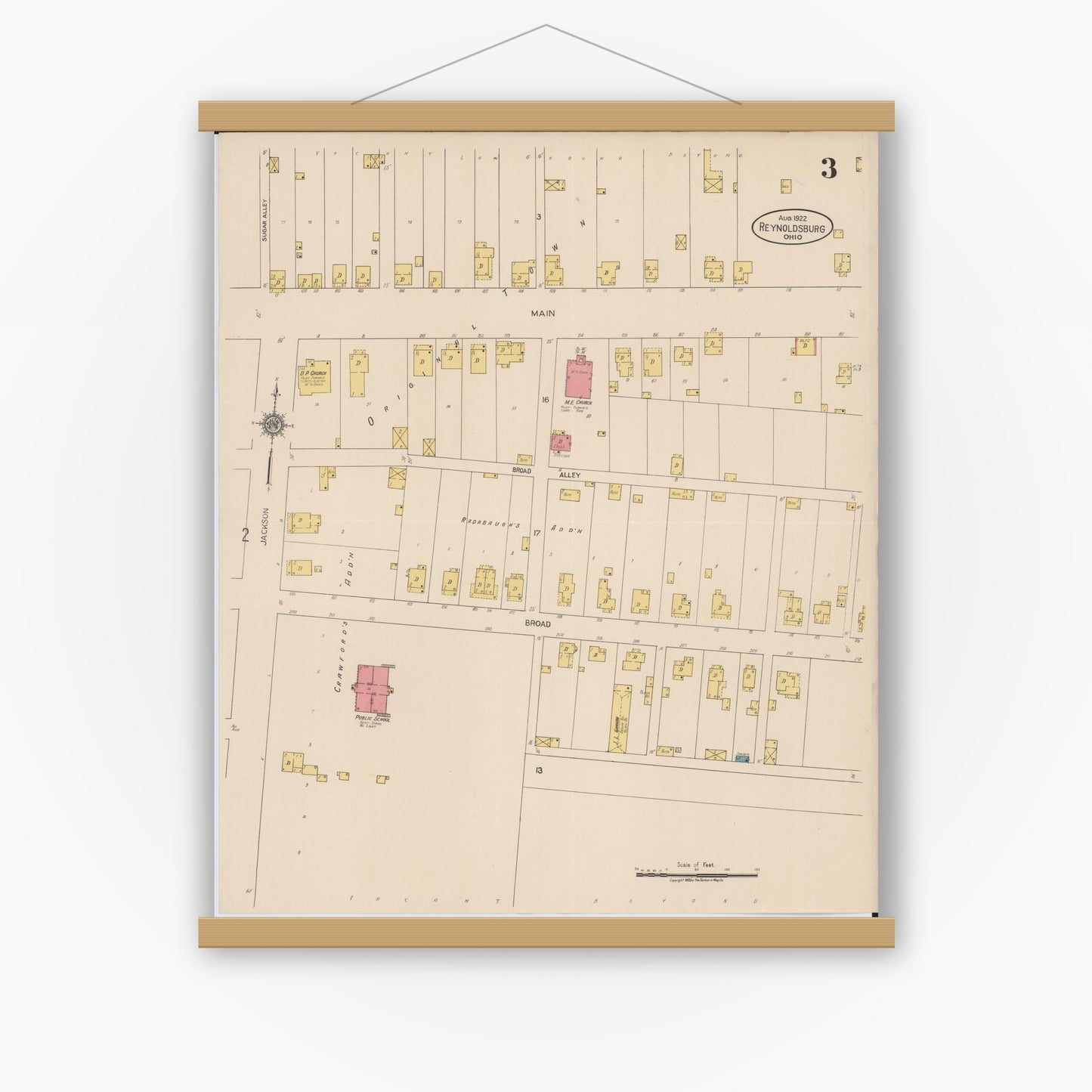 Old map wall art mockup — magnetic wood frame on white wall — Sanborn Fire Insurance Map from Reynoldsburg, Franklin County, Ohio (1922), Sheet #0003