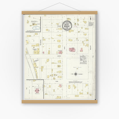 Old map wall art mockup — magnetic wood frame on white wall — Sanborn Fire Insurance Map from Mendon, Adams County, Illinois (1910), Sheet #0001