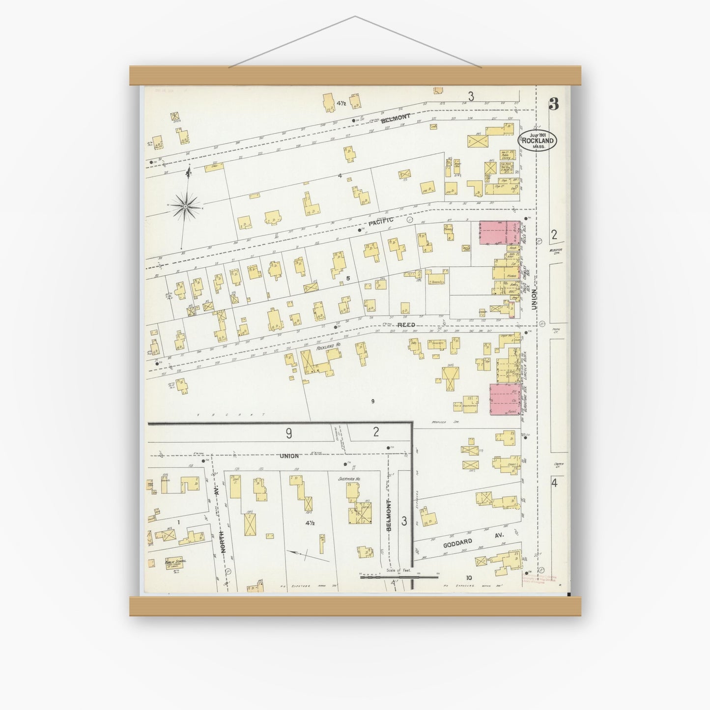 Old map wall art mockup — magnetic wood frame on white wall — Sanborn Fire Insurance Map from Rockland, Plymouth County, Massachusetts (1901), Sheet #0003