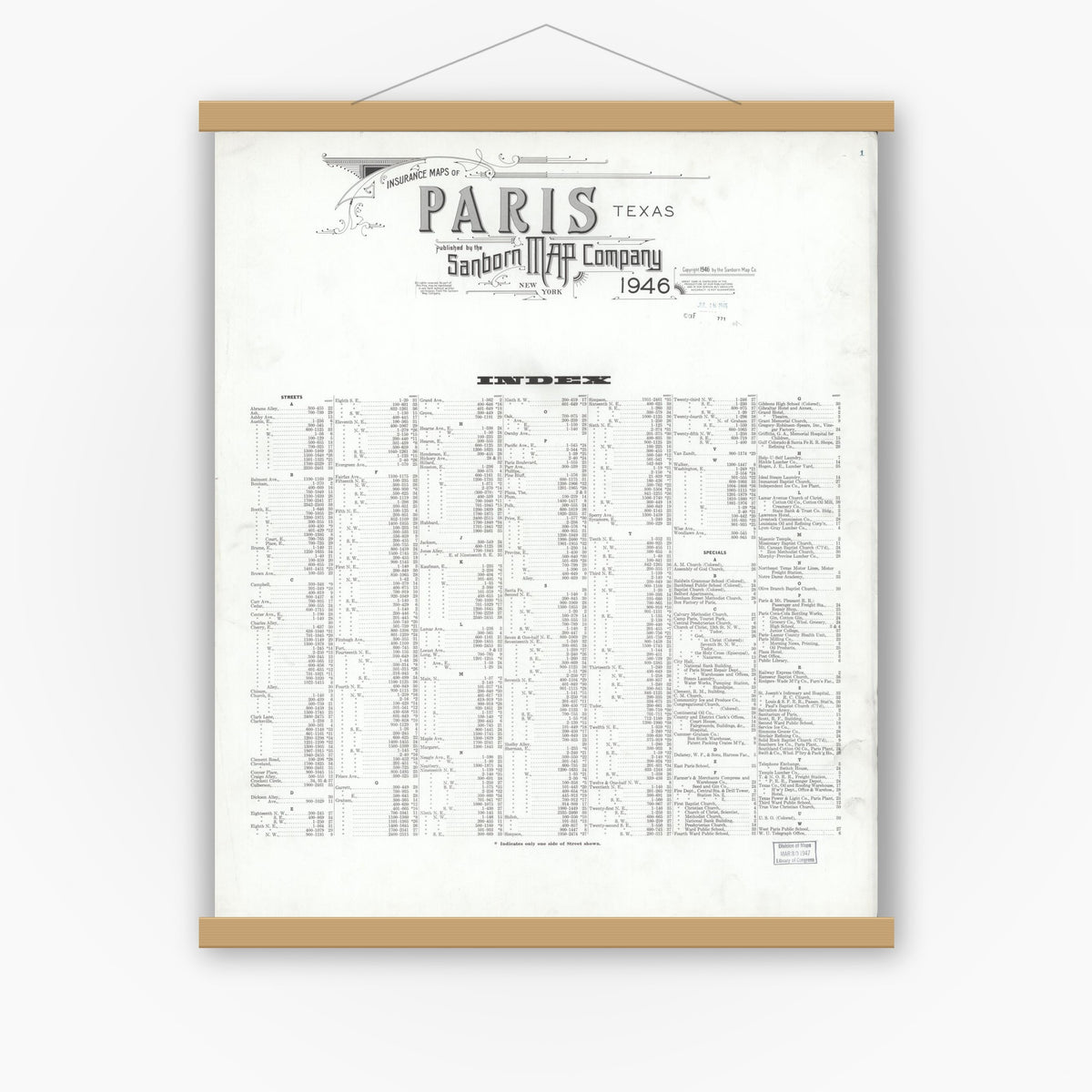 Old map wall art mockup — magnetic wood frame on white wall — Sanborn Fire Insurance Map from Paris, Lamar County, Texas (1946), Sheet #0001