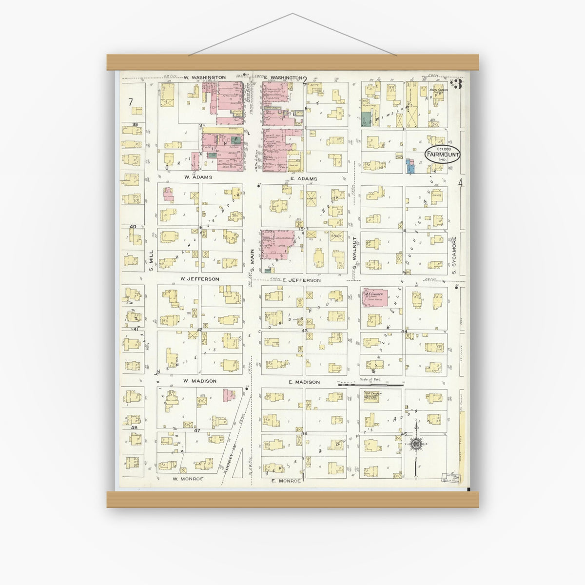 Old map wall art mockup — magnetic wood frame on white wall — Sanborn Fire Insurance Map from Fairmount, Grant County, Indiana (1909), Sheet #0003
