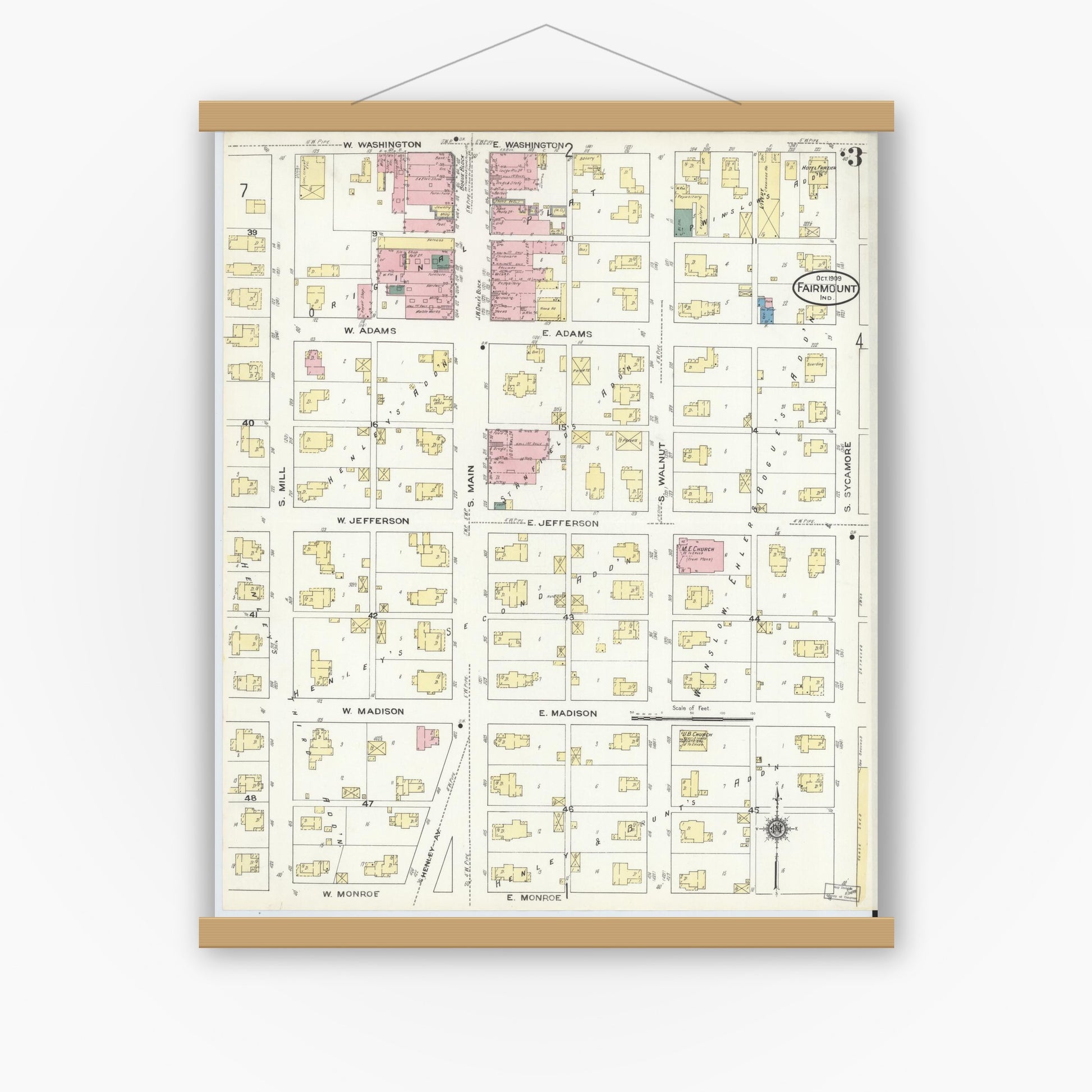 Old map wall art mockup — magnetic wood frame on white wall — Sanborn Fire Insurance Map from Fairmount, Grant County, Indiana (1909), Sheet #0003