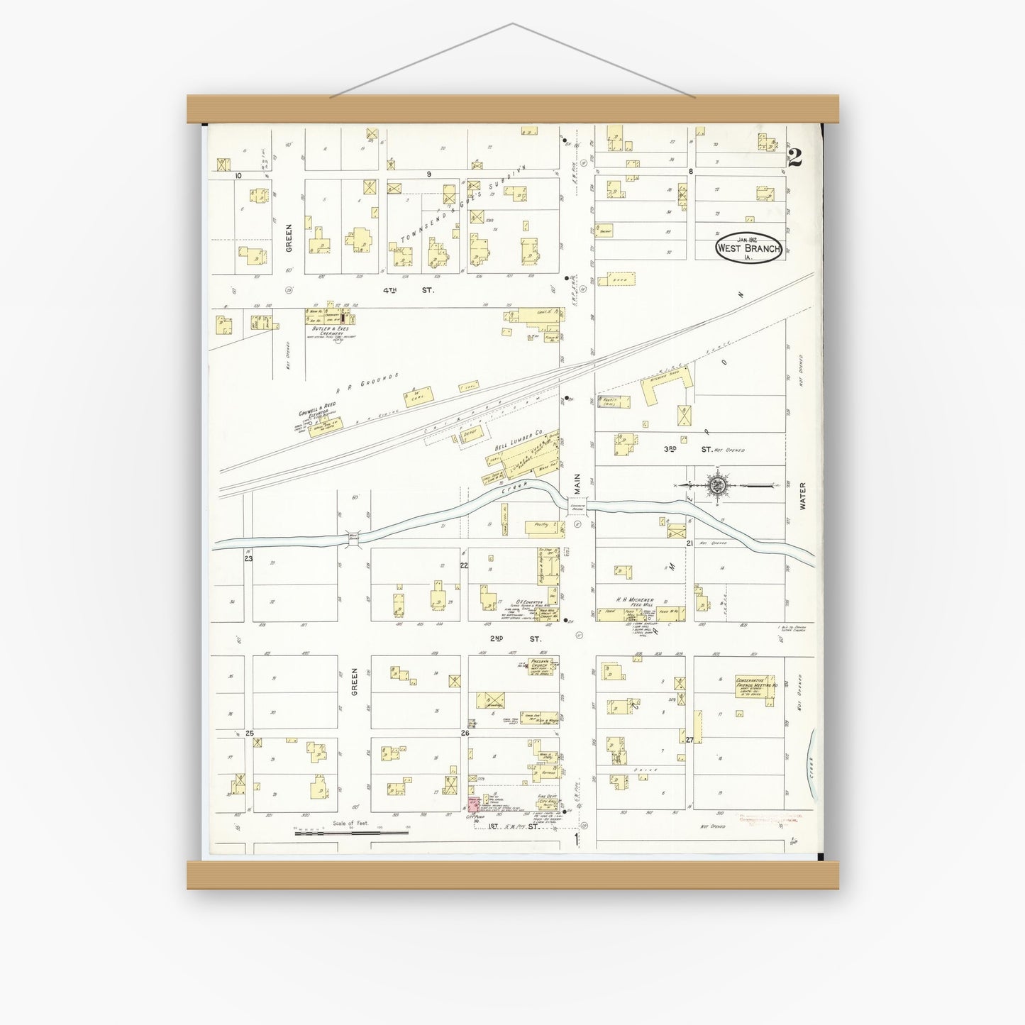 Old map wall art mockup — magnetic wood frame on white wall — Sanborn Fire Insurance Map from West Branch, Cedar County, Iowa (1912), Sheet #0002