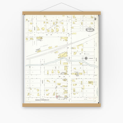 Old map wall art mockup — magnetic wood frame on white wall — Sanborn Fire Insurance Map from West Branch, Cedar County, Iowa (1912), Sheet #0002