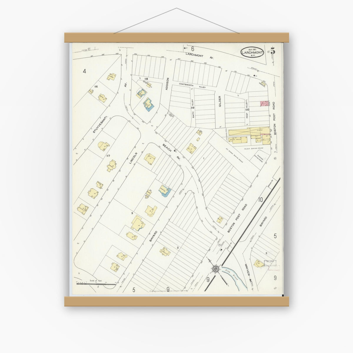 Old map wall art mockup — magnetic wood frame on white wall — Sanborn Fire Insurance Map from Larchmont, Westchester County, New York (1911), Sheet #0005
