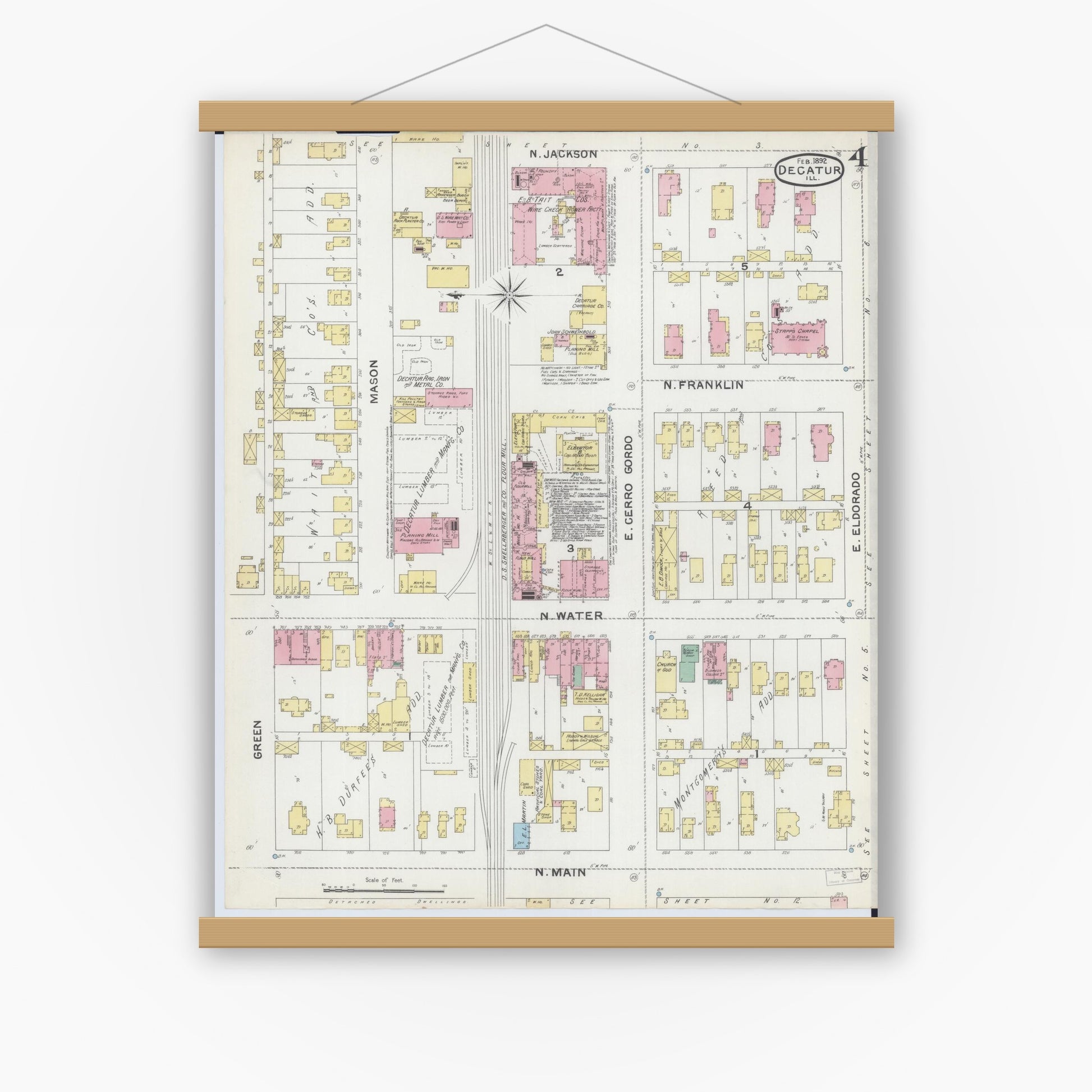 Old map wall art mockup — magnetic wood frame on white wall — Sanborn Fire Insurance Map from Decatur, Macon County, Illinois (1892), Sheet #0004