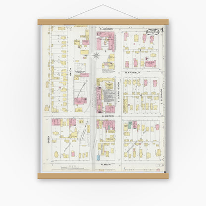 Old map wall art mockup — magnetic wood frame on white wall — Sanborn Fire Insurance Map from Decatur, Macon County, Illinois (1892), Sheet #0004